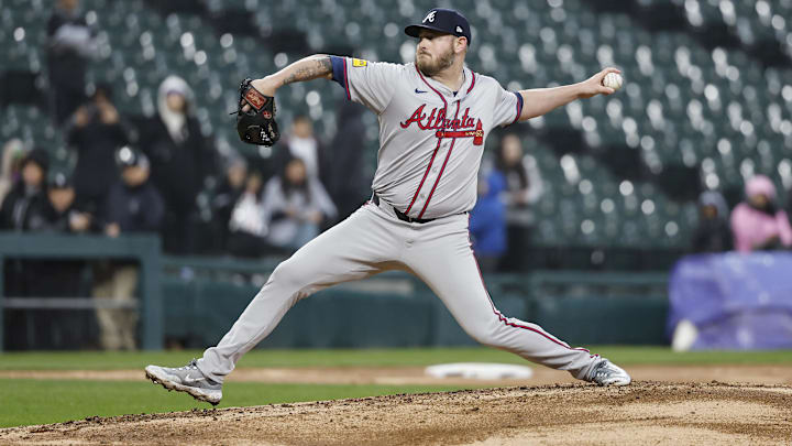 Apr 1, 2024; Chicago, Illinois, USA; Atlanta Braves relief pitcher Tyler Matzek (68) pitches against the Chicago White Sox during the ninth inning at Guaranteed Rate Field. Mandatory Credit: Kamil Krzaczynski-Imagn Images