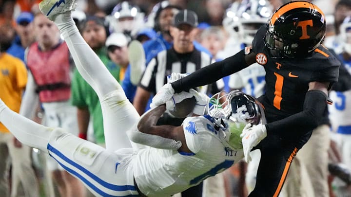 Kentucky wide receiver Dane Key (6) makes the catch while defended by Tennessee defensive back Rickey Gibson III (1) during an NCAA college football game on Saturday, Nov. 2, 2024, in Knoxville, Tenn. (The next few photos are sports action moments from the year. Catches, rebounds, base stealing, these pictures show how athletic athletes are and why taking their photo is as close an out-of-shape photographer like myself will ever get to athleticism.) Kentucky wide receiver Dane Key (6) makes the catch while defended by Tennessee defensive back Rickey Gibson III (1) during an NCAA college football game on Saturday, Nov. 2, 2024, in Knoxville, Tenn. (The next few photos are sports action moments from the year. Catches, rebounds, base stealing, these pictures show how athletic athletes are and why taking their photo is as close an out-of-shape photographer like myself will ever get to athleticism.)