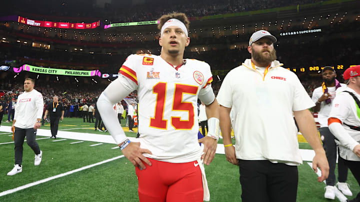 Feb 9, 2025; New Orleans, LA, USA; Kansas City Chiefs quarterback Patrick Mahomes (15) reacts after losing to the Philadelphia Eagles in Super Bowl LIX at Ceasars Superdome. Mandatory Credit: Mark J. Rebilas-Imagn Images