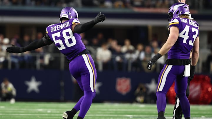 Dec 14, 2025; Arlington, Texas, USA; Minnesota Vikings linebacker Jonathan Greenard (58) and Minnesota Vikings linebacker Andrew van Ginkel (43) celebrate after a play during the first half against the Dallas Cowboys at AT&T Stadium. Mandatory Credit: Kevin Jairaj-Imagn Images