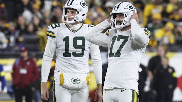 Oct 26, 2025; Pittsburgh, Pennsylvania, USA; Green Bay Packers place kicker Brandon McManus (17) reacts after missing a field goal against the Pittsburgh Steelers during the second quarter at Acrisure Stadium. Mandatory Credit: Charles LeClaire-Imagn Images