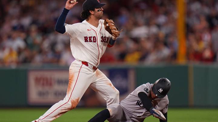 Jun 25, 2026; Boston, Massachusetts, USA; Boston Red Sox shortstop Marcelo Mayer (11) makes the out at second base against New York Yankees shortstop Anthony Volpe (11) in the ninth inning at Fenway Park. Mandatory Credit: David Butler II-Imagn Images Jun 25, 2026; Boston, Massachusetts, USA; Boston Red Sox shortstop Marcelo Mayer (11) makes the out at second base against New York Yankees shortstop Anthony Volpe (11) in the ninth inning at Fenway Park. Mandatory Credit: David Butler II-Imagn Images