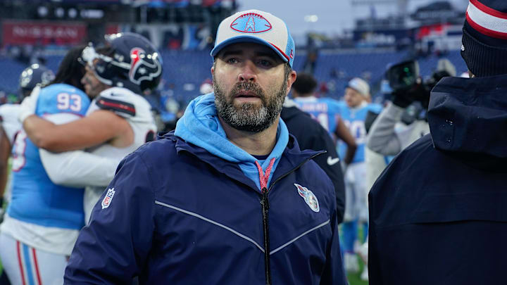 Tennessee Titans head coach Brian Callahan leaves the field after the game with the Houston Texans at Nissan Stadium in Nashville, Tenn., Sunday, Jan. 5, 2025.