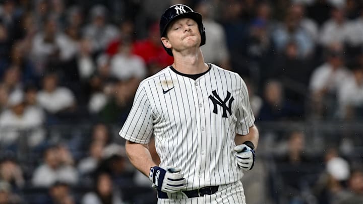Jun 8, 2025; Bronx, New York, USA; New York Yankees second baseman DJ LeMahieu (26) reacts during the eighth inning against the Boston Red Sox at Yankee Stadium. Mandatory Credit: John Jones-Imagn Images