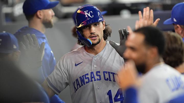 Aug 27, 2026; Toronto, Ontario, CAN; Kansas City Royals outfielder Jac Caglianone (14) is congratulated in the dugout after hitting a home run during the ninth inning against the Toronto Blue Jays at Rogers Centre. Mandatory Credit: John E. Sokolowski-Imagn Images Aug 27, 2026; Toronto, Ontario, CAN; Kansas City Royals outfielder Jac Caglianone (14) is congratulated in the dugout after hitting a home run during the ninth inning against the Toronto Blue Jays at Rogers Centre. Mandatory Credit: John E. Sokolowski-Imagn Images