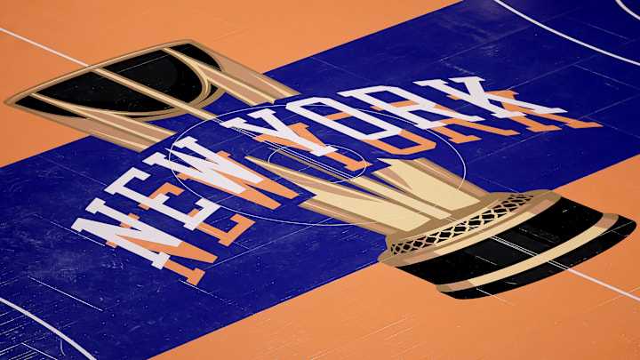 Nov 24, 2023; New York, New York, USA; General view of the in-season tournament court logo during warmups before a game between the New York Knicks and the Miami Heat at Madison Square Garden. Mandatory Credit: Brad Penner-Imagn Images