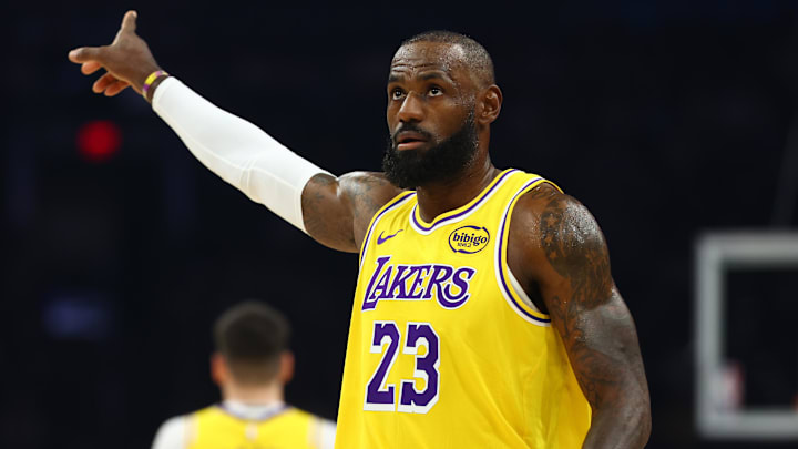 Dec 23, 2025; Phoenix, Arizona, USA; Los Angeles Lakers forward LeBron James (23) reacts against the Phoenix Suns at Mortgage Matchup Center. Mandatory Credit: Mark J. Rebilas-Imagn Images