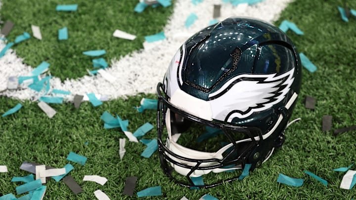 Feb 9, 2025; New Orleans, LA, USA; A Philadelphia Eagles player's helmet rests on the field after Super Bowl LIX against the Kansas City Chiefs at Caesars Superdome. Mandatory Credit: Geoff Burke-Imagn Images