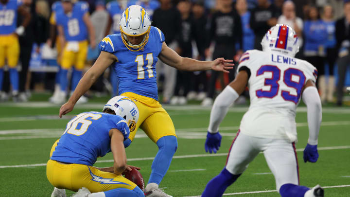 Dec 23, 2023; Inglewood, California, USA;  Los Angeles Chargers place kicker Cameron Dicker (11) kicks a field goal during the first quarter against the Buffalo Bills at SoFi Stadium. Mandatory Credit: Kiyoshi Mio-USA TODAY Sports