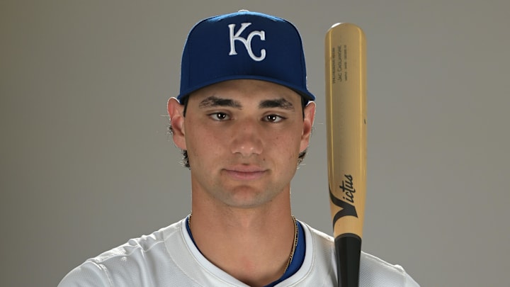 Feb 19, 2025; Surprise, AZ, USA; Kansas City Royals Jac Caglianone (14) poses for a photo during media day. Mandatory Credit: Jayne Kamin-Oncea-Imagn Images Feb 19, 2025; Surprise, AZ, USA; Kansas City Royals Jac Caglianone (14) poses for a photo during media day. Mandatory Credit: Jayne Kamin-Oncea-Imagn Images