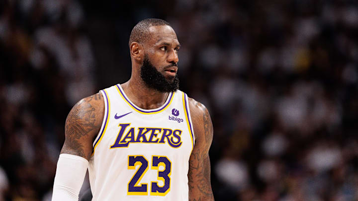Apr 20, 2024; Denver, Colorado, USA; Los Angeles Lakers forward LeBron James (23) looks on during the third quarter against the Denver Nuggets in game one of the first round for the 2024 NBA playoffs at Ball Arena. Mandatory Credit: Andrew Wevers-USA TODAY Sports Apr 20, 2024; Denver, Colorado, USA; Los Angeles Lakers forward LeBron James (23) looks on during the third quarter against the Denver Nuggets in game one of the first round for the 2024 NBA playoffs at Ball Arena. Mandatory Credit: Andrew Wevers-USA TODAY Sports