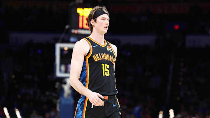 Dec 29, 2024; Oklahoma City, Oklahoma, USA; Oklahoma City Thunder center Branden Carlson (15) walks down the court during a time out against the Memphis Grizzlies during the fourth quarter at Paycom Center. Mandatory Credit: Alonzo Adams-Imagn Images Dec 29, 2024; Oklahoma City, Oklahoma, USA; Oklahoma City Thunder center Branden Carlson (15) walks down the court during a time out against the Memphis Grizzlies during the fourth quarter at Paycom Center. Mandatory Credit: Alonzo Adams-Imagn Images