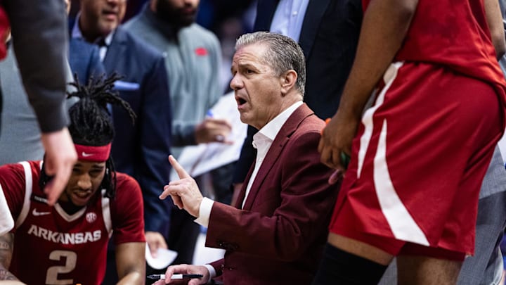 Jan 14, 2025; Baton Rouge, Louisiana, USA;  Arkansas Razorbacks head coach John Calipari in a huddle on a tie out against the LSU Tigers during the second half at Pete Maravich Assembly Center. Mandatory Credit: Stephen Lew-Imagn Images