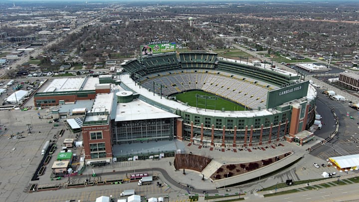 A general overall aerial view of Lambeau Field, the site of the 2025 NFL Draft. 