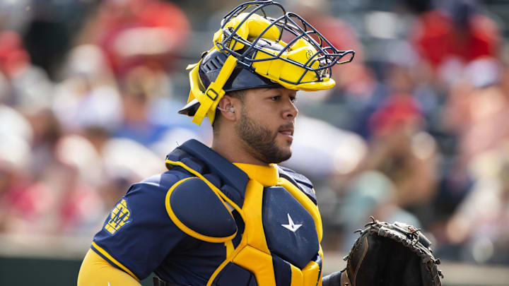 Feb 27, 2024; Tempe, Arizona, USA; Milwaukee Brewers catcher Jeferson Quero against the Los Angeles Angels during a spring training game at Tempe Diablo Stadium. Mandatory Credit: Mark J. Rebilas-USA TODAY Sports Feb 27, 2024; Tempe, Arizona, USA; Milwaukee Brewers catcher Jeferson Quero against the Los Angeles Angels during a spring training game at Tempe Diablo Stadium. Mandatory Credit: Mark J. Rebilas-USA TODAY Sports