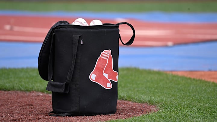 May 12, 2024; Boston, Massachusetts, USA;  A bag of baseballs sits on the diamond before a game against between the Boston Red Sox and the Washington Nationals at Fenway Park. Mandatory Credit: Eric Canha-Imagn Images