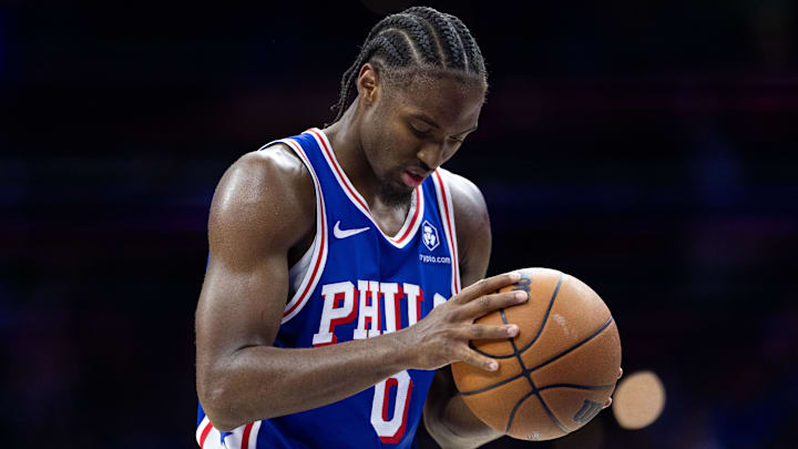 Oct 30, 2024; Philadelphia, Pennsylvania, USA; Philadelphia 76ers guard Tyrese Maxey (0) shoots a foul shotagainst the Detroit Pistons during the fourth quarter at Wells Fargo Center. Mandatory Credit: Bill Streicher-Imagn Images