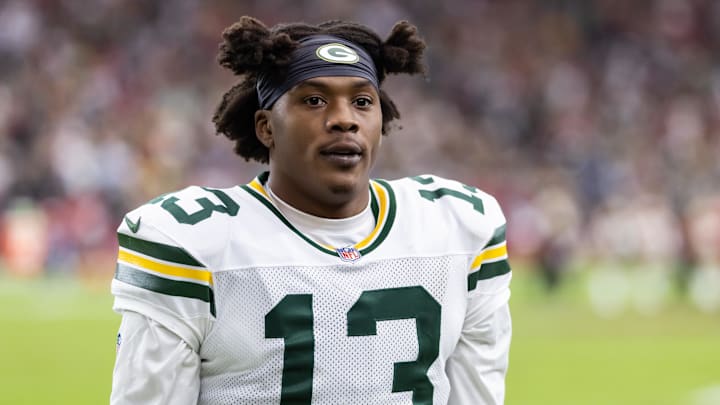 Oct 19, 2025; Glendale, Arizona, USA; Green Bay Packers wide receiver Dontayvion Wicks (13) against the Arizona Cardinals at State Farm Stadium. Mandatory Credit: Mark J. Rebilas-Imagn Images Oct 19, 2025; Glendale, Arizona, USA; Green Bay Packers wide receiver Dontayvion Wicks (13) against the Arizona Cardinals at State Farm Stadium. Mandatory Credit: Mark J. Rebilas-Imagn Images