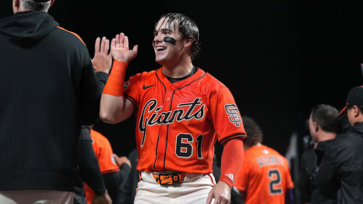 San Francisco Giants right fielder Drew Gilbert (61) celebrates after defeating the Los Angeles Dodgers at Oracle Park. San Francisco Giants right fielder Drew Gilbert (61) celebrates after defeating the Los Angeles Dodgers at Oracle Park.