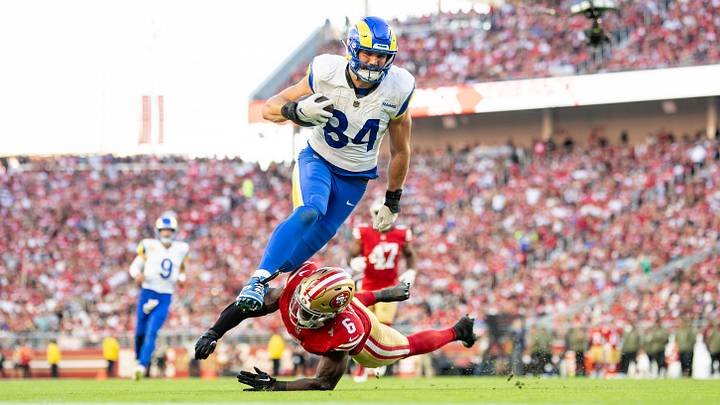 November 9, 2025; Santa Clara, California, USA; Los Angeles Rams tight end Colby Parkinson (84) is tackled by San Francisco 49ers safety Malik Mustapha (6) during the fourth quarter at Levi's Stadium. Mandatory Credit: Kyle Terada-Imagn Images November 9, 2025; Santa Clara, California, USA; Los Angeles Rams tight end Colby Parkinson (84) is tackled by San Francisco 49ers safety Malik Mustapha (6) during the fourth quarter at Levi's Stadium. Mandatory Credit: Kyle Terada-Imagn Images