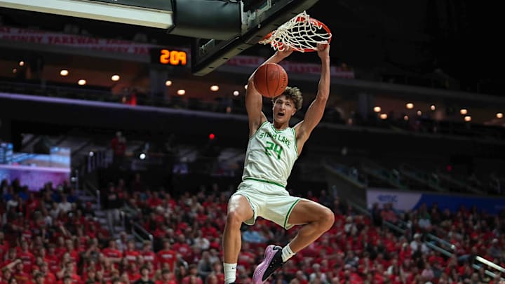 Storm Lake junior Jaidyn Coon dunks the basketball against ADM during the Iowa high school boys state basketball tournament on Monday, March 10, 2025, at Wells Fargo Arena in Des Moines. Mandatory Credit: Bryon Houlgrave-The Des Moines Register