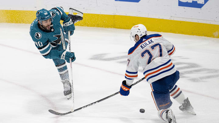 Dec 28, 2023; San Jose, California, USA; San Jose Sharks right wing Justin Bailey (90) shoots the