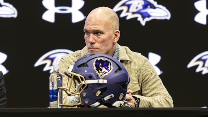 Jan 29, 2026; Owings Mills, MD, USA; Eric DeCosta during press conference at Under Armour Performance Center. Mandatory Credit: Lexi Thompson-Imagn Images