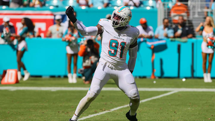 Miami Dolphins linebacker Emmanuel Ogbah (91) celebrates after sacking Jacksonville Jaguars quarterback Trevor Lawrence (not pictured) during the fourth quarter at Hard Rock Stadium. 