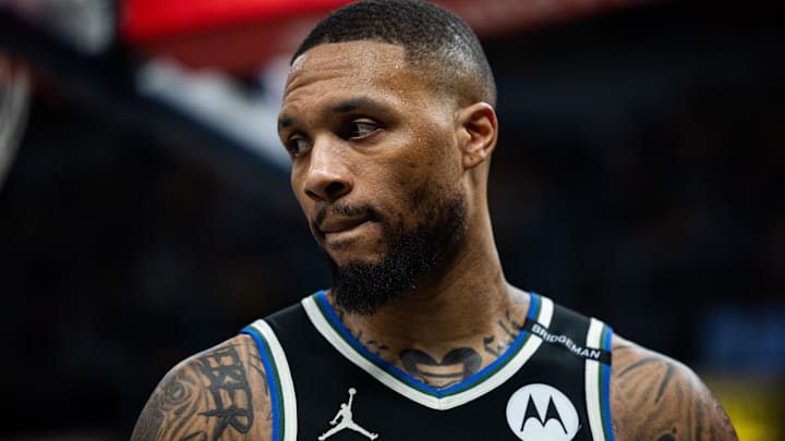 Apr 22, 2025; Indianapolis, Indiana, USA; Milwaukee Bucks guard Damian Lillard (0) during game two of first round for the 2024 NBA Playoffs against the Indiana Pacers at Gainbridge Fieldhouse. Mandatory Credit: Trevor Ruszkowski-Imagn Images