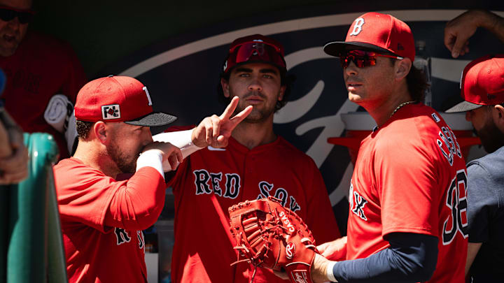 Marcelo Mayer poses for a picture with Red Sox teammates ahead of a Spring Training game on March 11, 2025, at JetBlue Park in Fort Myers, Florida. Marcelo Mayer poses for a picture with Red Sox teammates ahead of a Spring Training game on March 11, 2025, at JetBlue Park in Fort Myers, Florida.