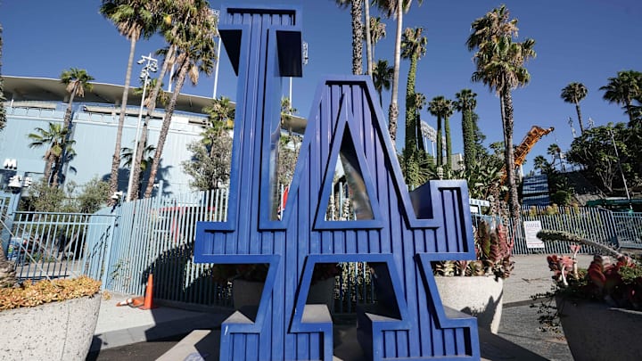 Jul 16, 2020; Los Angeles, California, United States; A general view of LA logo during a Los Angeles Dodgers intrasquad workout at Dodger Stadium. Mandatory Credit: Kirby Lee-Imagn Images