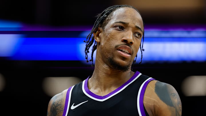 Apr 16, 2025; Sacramento, California, USA; Sacramento Kings forward DeMar DeRozan (10) looks on during the fourth quarter against the Dallas Mavericks at Golden 1 Center.