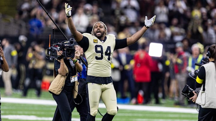 Dec 21, 2025; New Orleans, Louisiana, USA; New Orleans Saints defensive end Cameron Jordan (94) during the run outs before the game against the New York Jets at Caesars Superdome. Mandatory Credit: Stephen Lew-Imagn Images Dec 21, 2025; New Orleans, Louisiana, USA; New Orleans Saints defensive end Cameron Jordan (94) during the run outs before the game against the New York Jets at Caesars Superdome. Mandatory Credit: Stephen Lew-Imagn Images