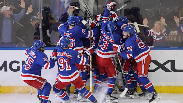Rangers celebrate double-OT win to take 2–0 series lead vs. Hurricanes. Rangers celebrate double-OT win to take 2–0 series lead vs. Hurricanes.