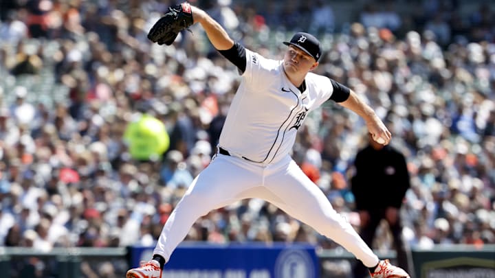 May 25, 2025; Detroit, Michigan, USA;  Detroit Tigers pitcher Tarik Skubal (29) pitches first inning against the Cleveland Guardians at Comerica Park.