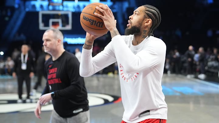 Apr 6, 2025; Brooklyn, New York, USA;  Toronto Raptors small forward Brandon Ingram (3) warms up prior to the game against the Brooklyn Nets at Barclays Center. Mandatory Credit: Gregory Fisher-Imagn Images