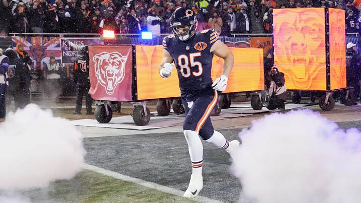 Jan 18, 2026; Chicago, IL, USA; Chicago Bears tight end Cole Kmet (85) runs onto the field during player introductions before an NFC Divisional Round game against the Los Angeles Rams at Soldier Field. Mandatory Credit: David Banks-Imagn Images