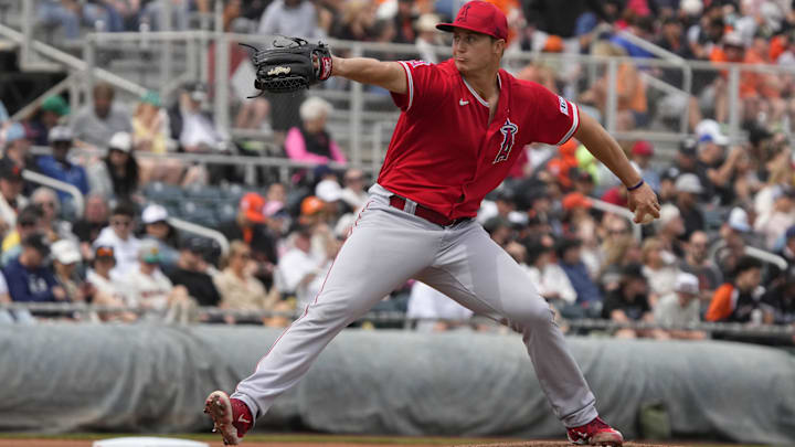 Mar 19, 2023; Scottsdale, Arizona, USA; Los Angeles Angels starting pitcher Tucker Davidson (32)