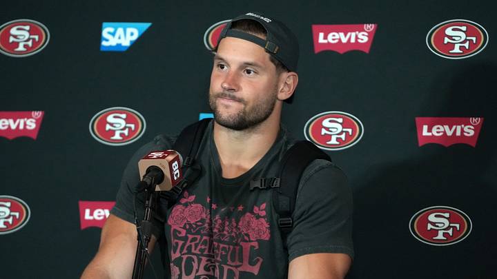 Sep 9, 2026; Melbourne, Victoria, Australia; San Francisco 49ers defensive end Nick Bosa (97) at press conference at AAMI Park. Mandatory Credit: Kirby Lee-Imagn Images