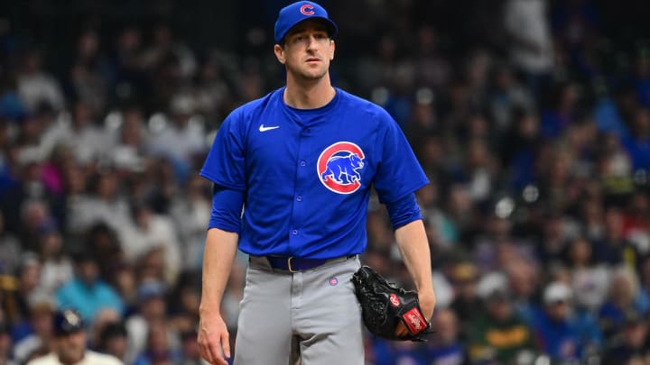 May 29, 2024; Milwaukee, Wisconsin, USA; Chicago Cubs relief pitcher Kyle Hendricks (28) looks on after retiring a batter in the sixth inning against the Milwaukee Brewers at American Family Field.