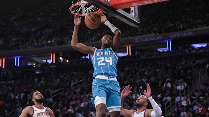 Dec 5, 2024; New York, New York, USA; Charlotte Hornets forward Brandon Miller (24) dunks the ball as New York Knicks guard Jalen Brunson (11) defends during the first half at Madison Square Garden. Mandatory Credit: John Jones-Imagn Images Dec 5, 2024; New York, New York, USA; Charlotte Hornets forward Brandon Miller (24) dunks the ball as New York Knicks guard Jalen Brunson (11) defends during the first half at Madison Square Garden. Mandatory Credit: John Jones-Imagn Images