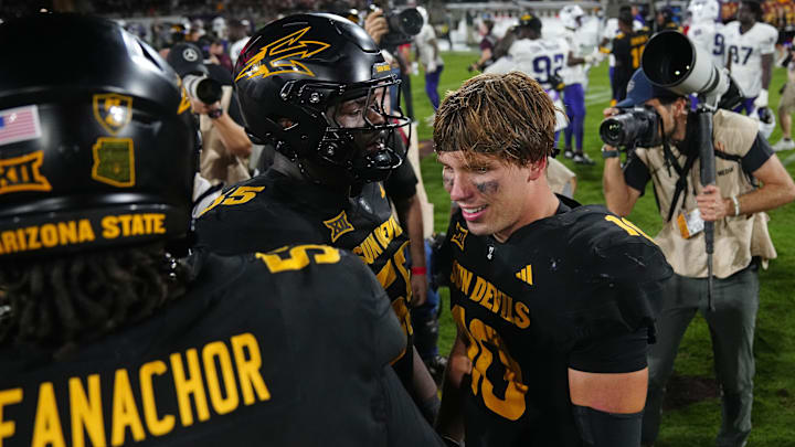Arizona State quarterback Sam Leavitt (10) celebrates the win with his team against TCU during a game at Mountain America Stadium in Tempe on Sept. 26, 2025.