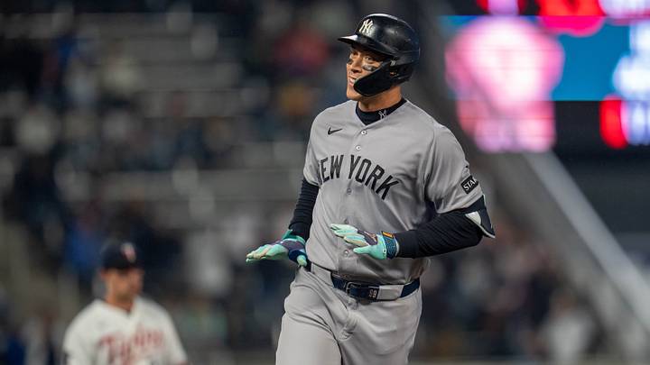 Sep 14, 2026; Minneapolis, Minnesota, USA;  New York Yankees right fielder Aaron Judge (99) celebrates hitting a three run home run against the Minnesota Twins in the eighth inning at Target Field.  Mandatory Credit: Jesse Johnson-Imagn Images