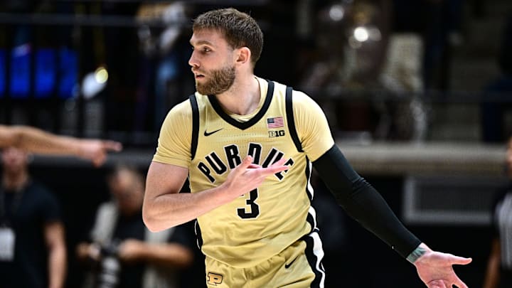 Purdue Boilermakers guard Braden Smith (3) celebrates a three-point shot
