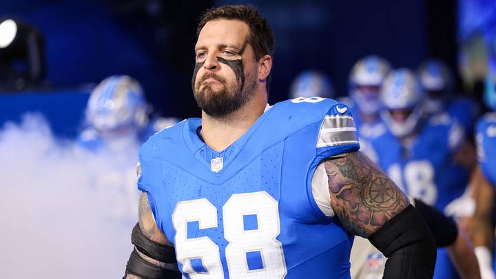 Detroit Lions tackle Taylor Decker enters the field before the game against the Minnesota Vikings.