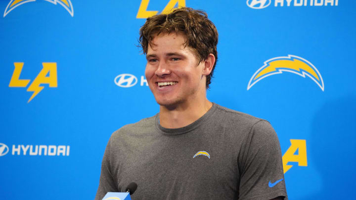 Jun 13, 2024; Costa Mesa, CA, USA; Los Angeles Chargers quarterback Justin Herbert (10) at a press conference during minicamp at the Hoag Performance Center. Mandatory Credit: Kirby Lee-USA TODAY Sports Jun 13, 2024; Costa Mesa, CA, USA; Los Angeles Chargers quarterback Justin Herbert (10) at a press conference during minicamp at the Hoag Performance Center. Mandatory Credit: Kirby Lee-USA TODAY Sports