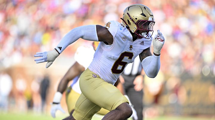 Nov 16, 2024; Dallas, Texas, USA; Boston College Eagles defensive end Donovan Ezeiruaku (6) rushes against the SMU Mustangs offense during the first half at the Gerald J. Ford Stadium. Mandatory Credit: Jerome Miron-Imagn Images Nov 16, 2024; Dallas, Texas, USA; Boston College Eagles defensive end Donovan Ezeiruaku (6) rushes against the SMU Mustangs offense during the first half at the Gerald J. Ford Stadium. Mandatory Credit: Jerome Miron-Imagn Images