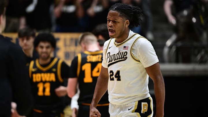 Purdue Boilermakers guard Gicarri Harris (24) reacts during the second half against the Iowa Hawkeyes