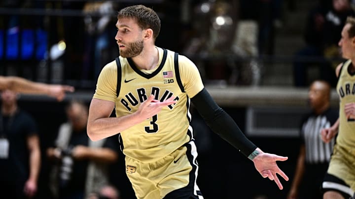 Purdue Boilermakers guard Braden Smith (3) celebrates a three-point shot. Purdue Boilermakers guard Braden Smith (3) celebrates a three-point shot.