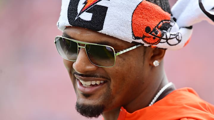 Aug 23, 2025; Cleveland, Ohio, USA; Cleveland Browns quarterback Deshaun Watson (4) on the sidelines during the first quarter against the Los Angeles Rams at Huntington Bank Field. Mandatory Credit: Ken Blaze-Imagn Images